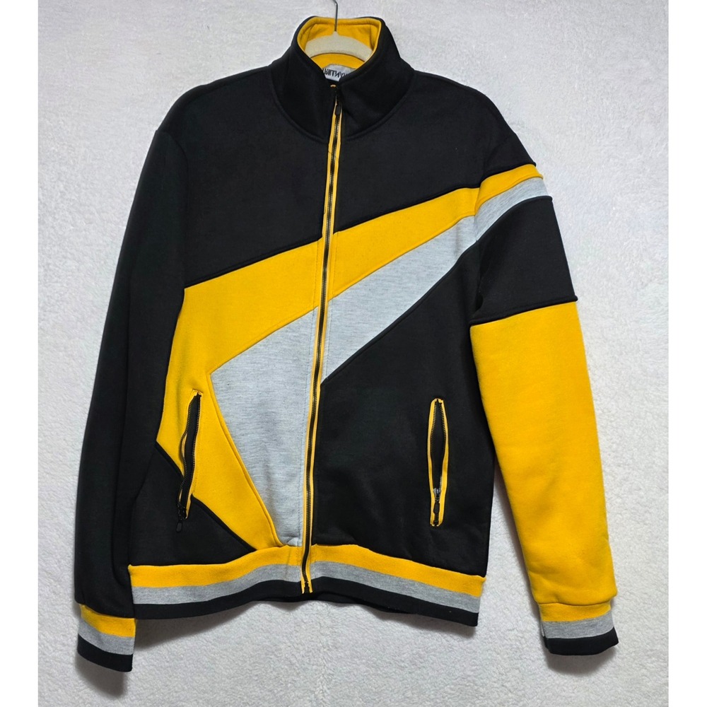 Trillnation Men's Large Track Jacket Black Yellow Gray Geometric Zip Up Fleece